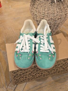 Green Suede Lace-Up Sneakers with Pink Leaf Accent